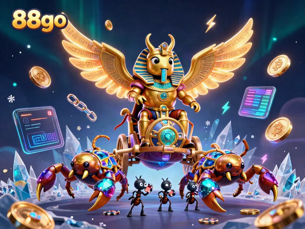 Experience the thrill of 88go with this vibrant casino-themed 3D artwork showcasing golden characters and crypto elements.