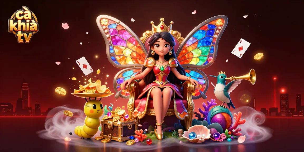 Cà khịa tv showcases dynamic sports betting excitement with a vibrant 3D butterfly queen and colorful scene elements