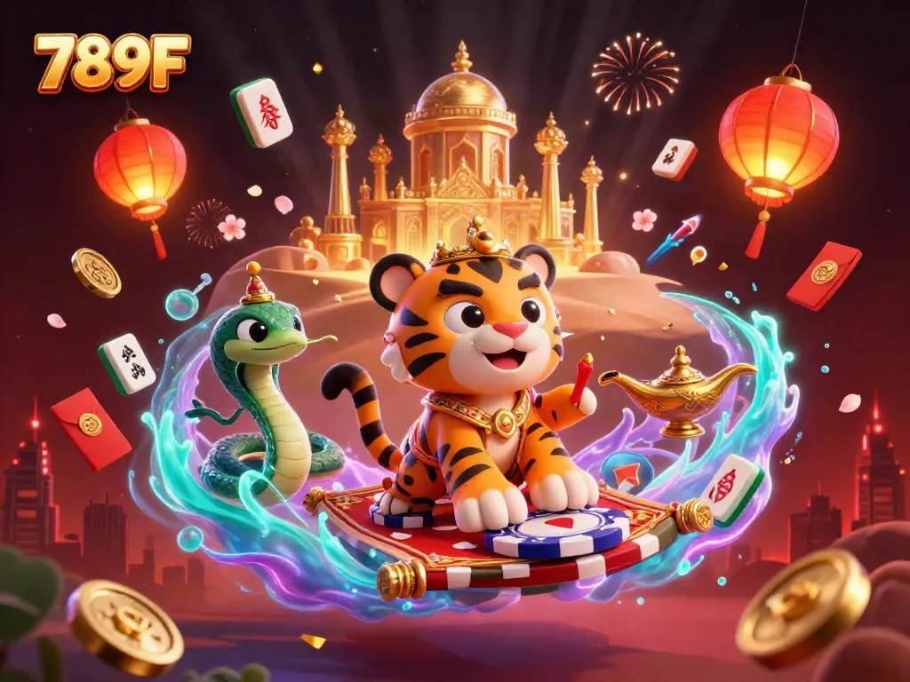 Immerse in the vibrant world of 789F with a dynamic illustration featuring a tiger sultan on a magic carpet filled with gaming elements.