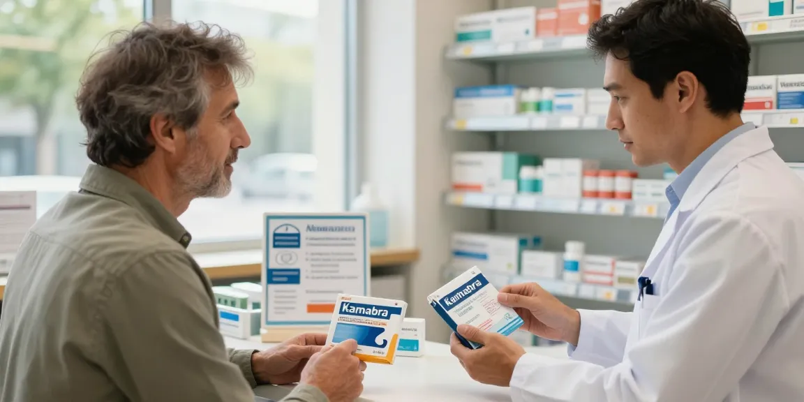 Kamagra kaufen schweiz in a welcoming pharmacy, featuring a man consulting a pharmacist.