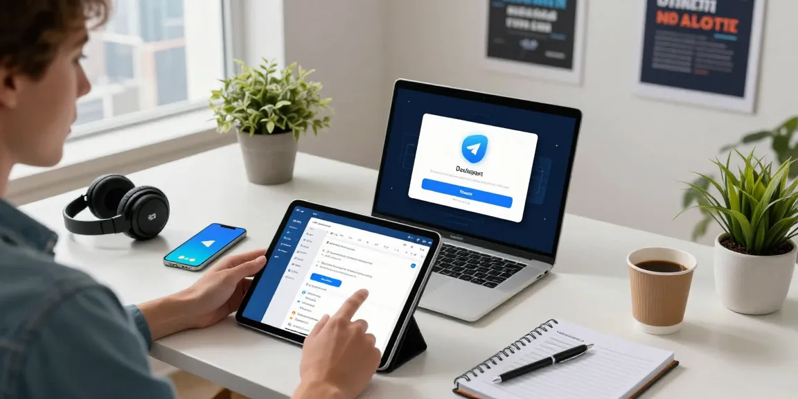 Engaging workspace scene featuring Telegram download setup on devices, showcasing modern tech environment.