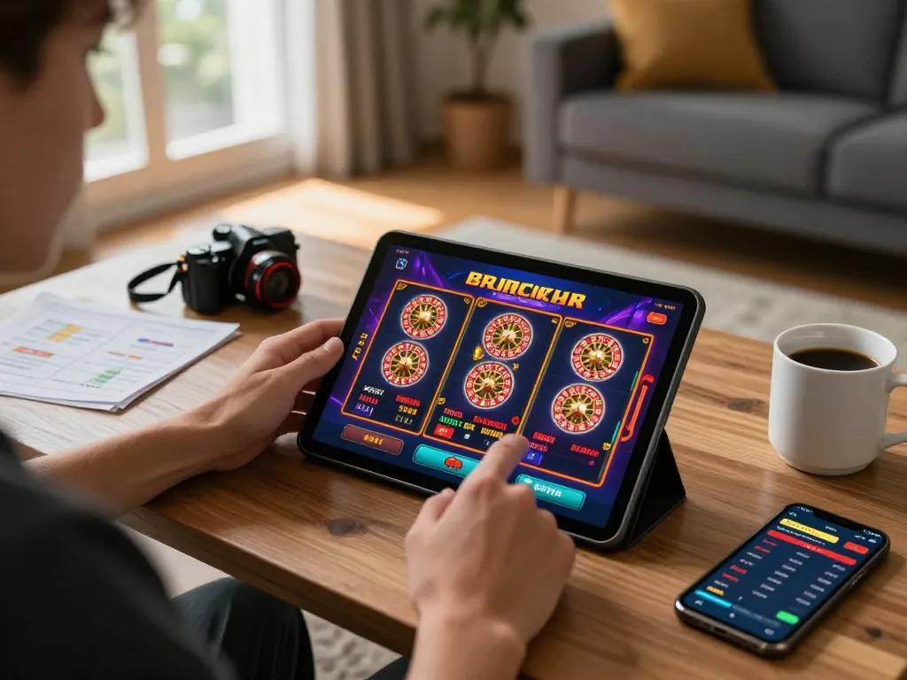cm88casino user enjoying online gaming experience on tablet in a cozy, inviting home setup