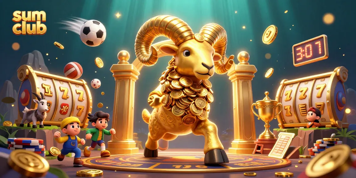 Engage in thrilling games at sum club with a golden ram symbolizing fortune amidst vibrant 3D illustrations.