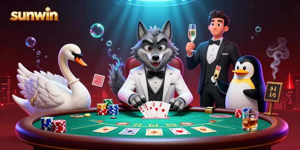 Experience excitement with sunwin at a vibrant casino scene featuring a stylish wolf, elegant swan, and penguin sommelier.