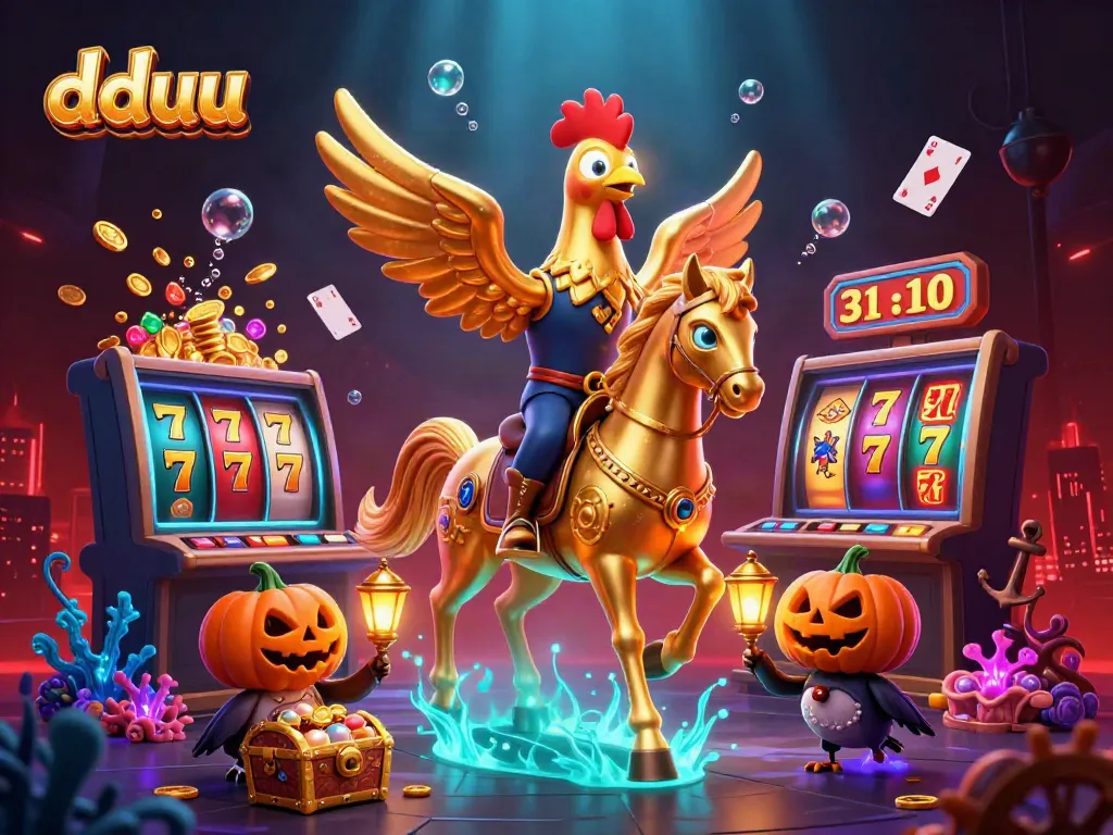 Experience thrilling gaming at dduu with a golden rooster horseman and lively casino atmosphere.