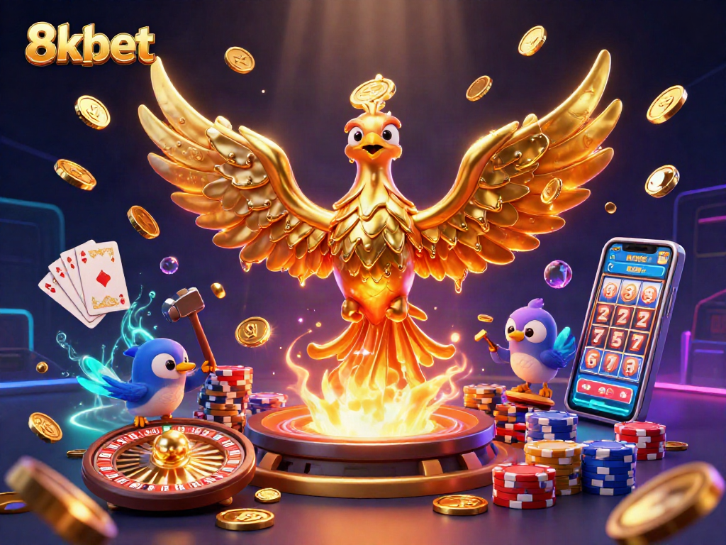 Engage with 8xbet's immersive gaming experience featuring a 3D phoenix, coins, and vibrant casino elements.