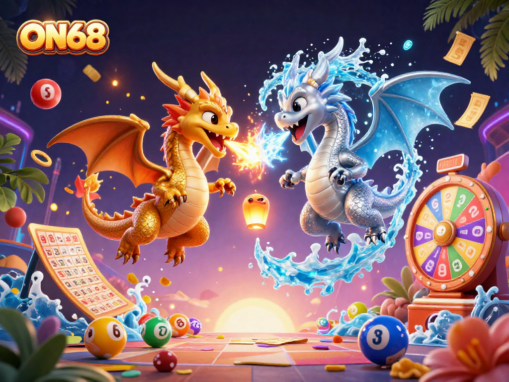 Win big with ON68 in this dynamic casino-themed 3D illustration featuring vibrant lottery elements.