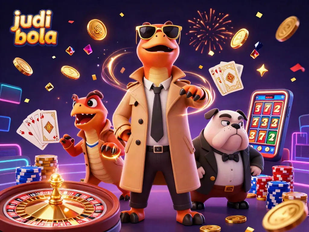 Gambarlah judi bola dengan raptor mengenakan jas dan kacamata emas memasuki kasino, dikelilingi koin dan batu permata.