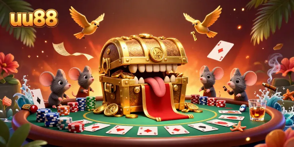 Experience rich gambling rewards with uu88's vibrant casino visuals featuring adventurous mice and treasures.