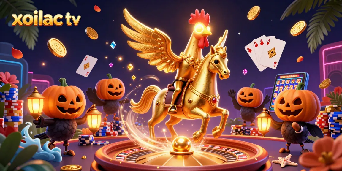 Xoilac TV captures the thrill of casino play with a vibrant golden rooster character amidst sparkling gaming elements.