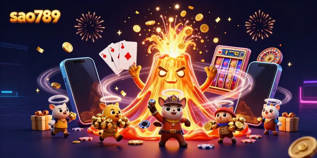 Win big at sao789 with this vibrant 3D illustration of treasure and casino games.
