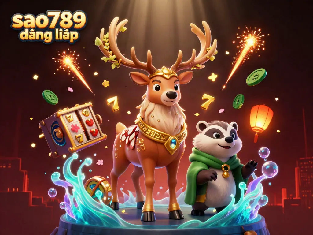 Engage in sao789 đăng nhập with a vibrant 3D scene featuring the Celtic druid stag and dynamic casino elements.
