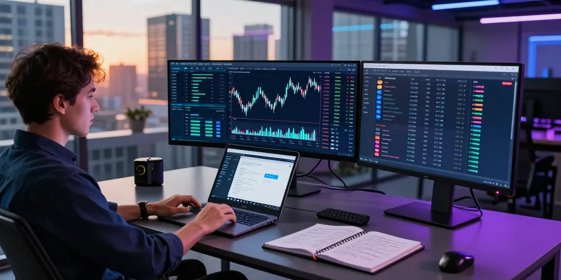 Flingeverx AI Bot trading setup with cryptocurrency charts, digital wallet, and DeFi interface in innovative office.