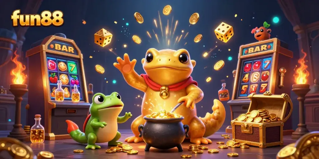 Experience fun88's vibrant 3D casino scene, showcasing thrilling gold-filled adventures and dynamic game elements.