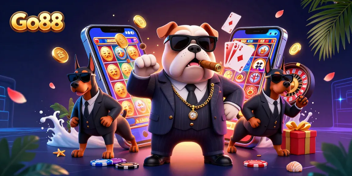 Engage with Go88's thrilling casino experience, featuring a mob-themed gambling scene.