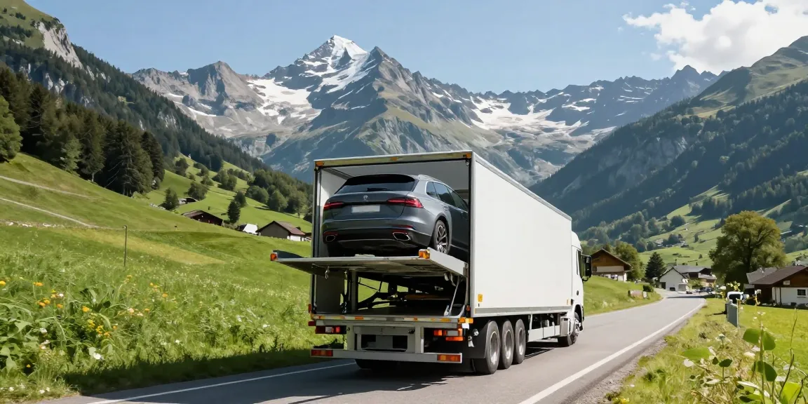 Import Ihres Autos aus der Schweiz ins Vereinigte Königreich mit einem Luxusfahrzeug, das auf einem geschlossenen mehrspurigen Transporter unterwegs ist.