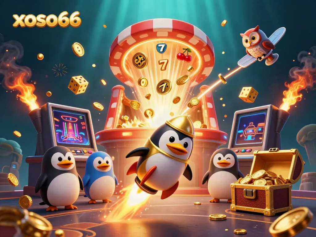 Experience the excitement of xoso66 with a dazzling gold coin explosion from a rocket-powered penguin and casino elements.