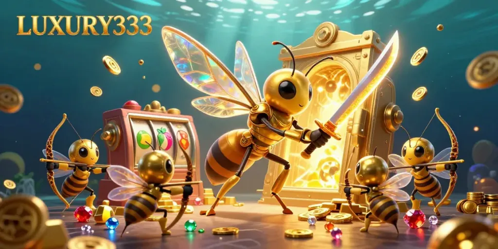 Visualisasi LUXURY333 yang mencolok menampilkan slot machine dengan simbol buah dan peti harta berkilau.