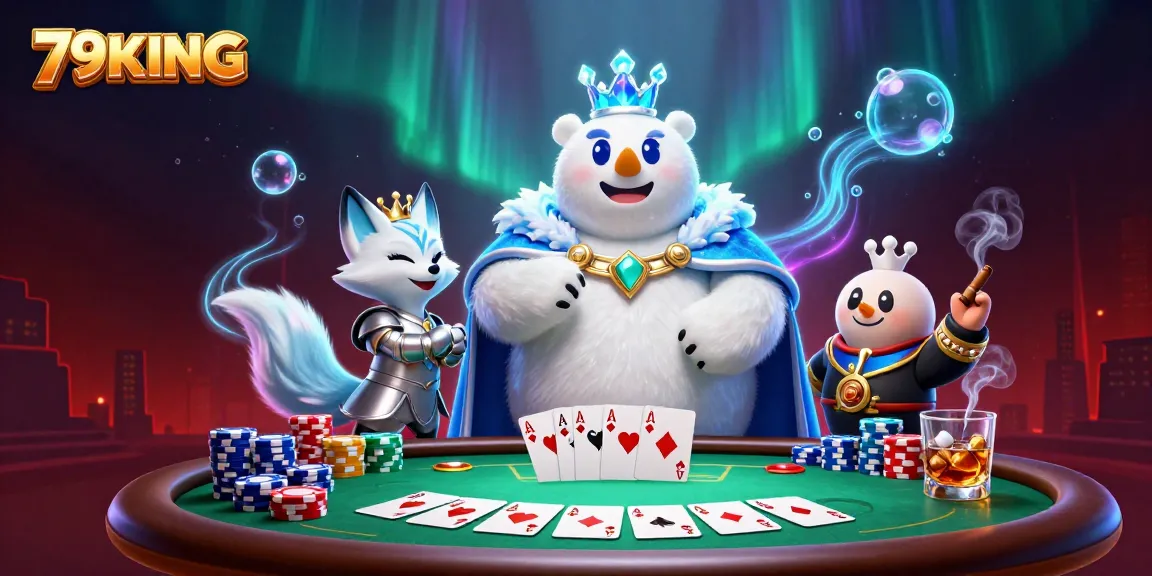 The 79KING scene showcases a lively poker game with an ice king bear and fox, highlighting winning hands.