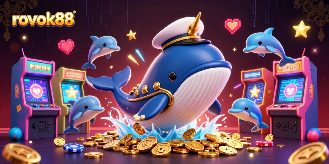 Experience the thrill at rokok88 with a playful scene of casino characters amidst coins and game machines.
