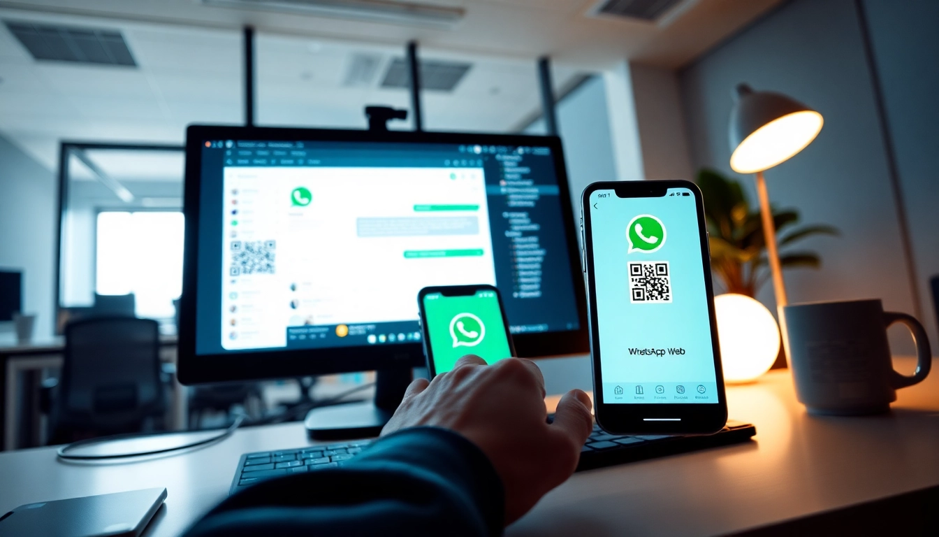 Experience WhatsApp网页版 on a large desktop screen in a modern office with seamless communication.