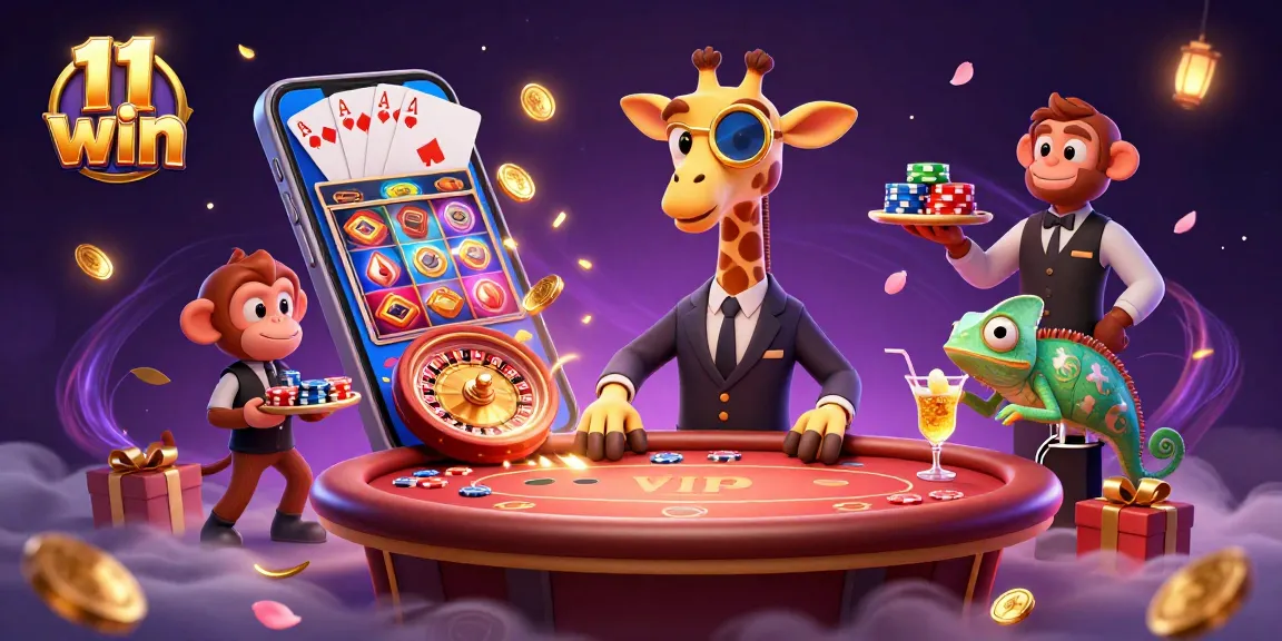 11 win showcases a vibrant 3D casino scene featuring a high-roller giraffe and game elements.