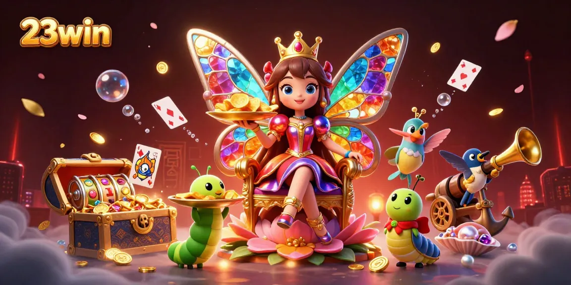 Experience thrilling gameplay at 23win with golden chips and vibrant slot symbols in a fantastical scene.