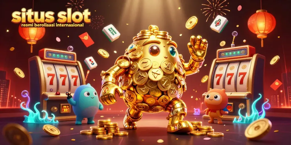 Golem emas yang bergerak dari koin dengan simbol slot muncul, mewakili situs slot resmi berlisensi internasional.