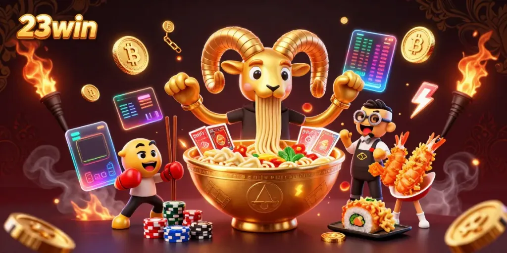 Experience 23win's vibrant casino atmosphere with exciting characters and cryptocurrency elements.