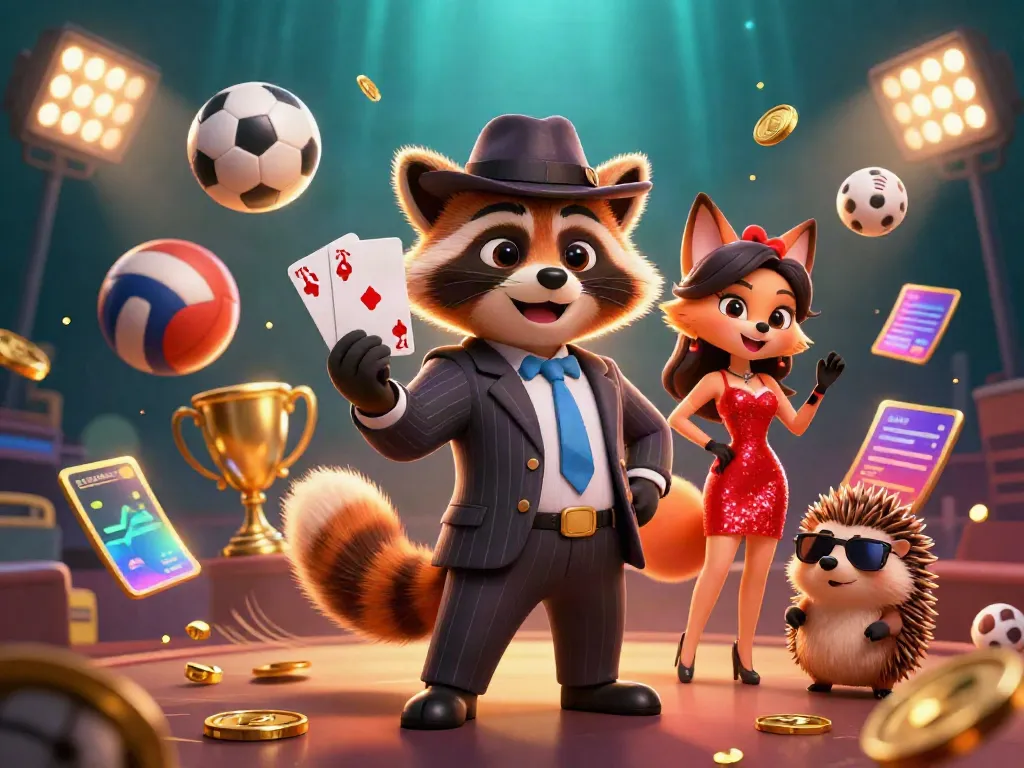 Experience keo nha cai thrill with dynamic sports-themed 3D illustration of raccoon and friends.
