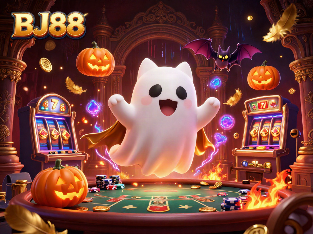 Engage with BJ88 in this vibrant casino scene featuring ghostly characters and rich gaming elements.