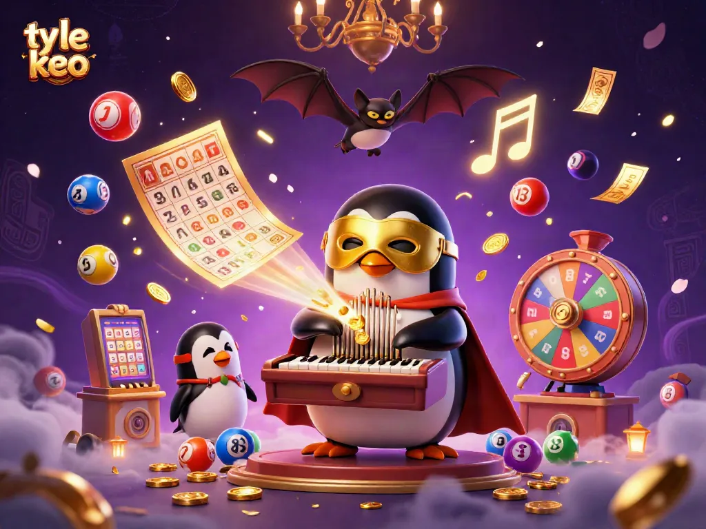 Experience excitement with ty le keo as lottery balls bounce and coins rain down in a vibrant casino scene.