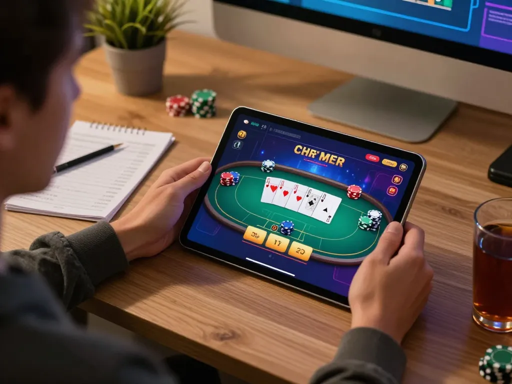 Engaging in online casino gameplay on 23win with vibrant poker cards and chips in context.