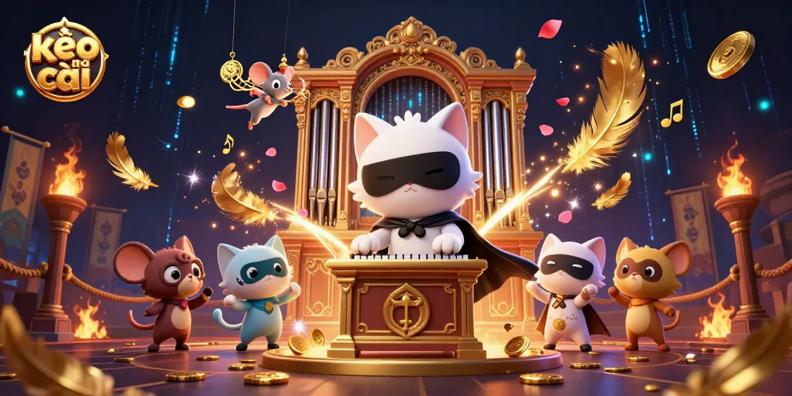 Engage with kèo nhà cái in a vibrant casino scene featuring a half-masked cat, acrobatic mouse, and dynamic betting elements.