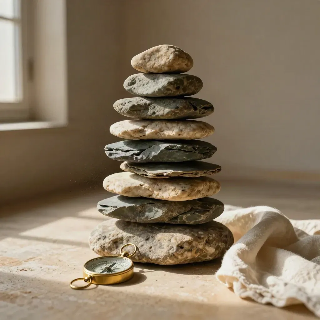 Steinerner Cairn auf hellem Sockel mit Messingkompass im dramatischen Licht.