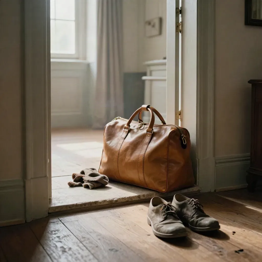 Ledertasche und Schuhe im offenen Türrahmen, Licht fällt in einen ruhigen Eingangsbereich.