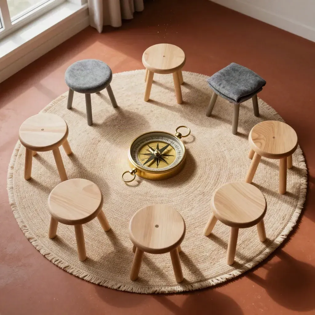 Sechs Hocker um einen Wollteppich mit Messingkompass, warmes Licht im Coachingraum.