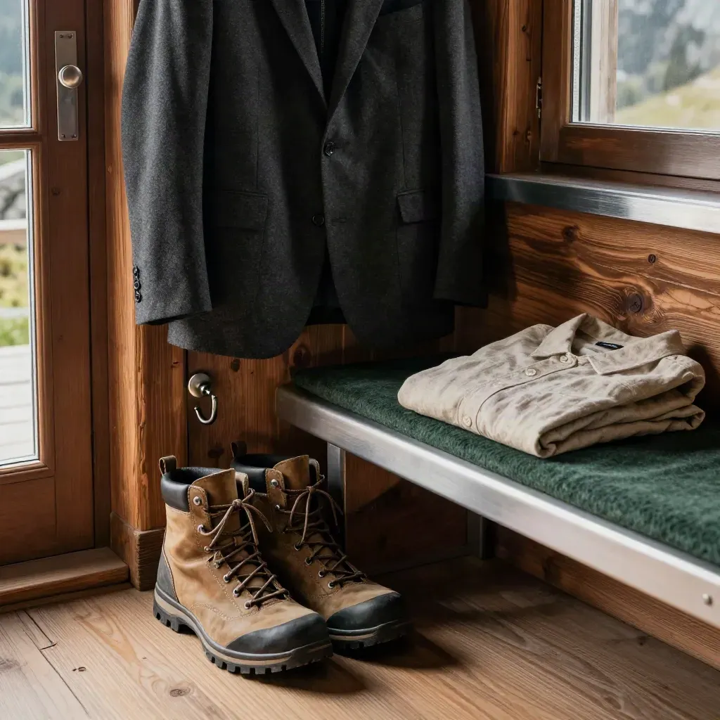 Dunkler Jackenhaken, Wanderschuhe und Hemd an einer alpinen Bank am Türrahmen.