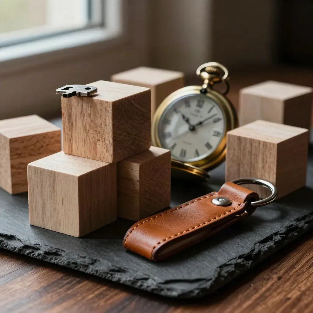 Holzblöcke, Taschenuhr und Leder-Schlüsselanhänger auf Schieferplatte