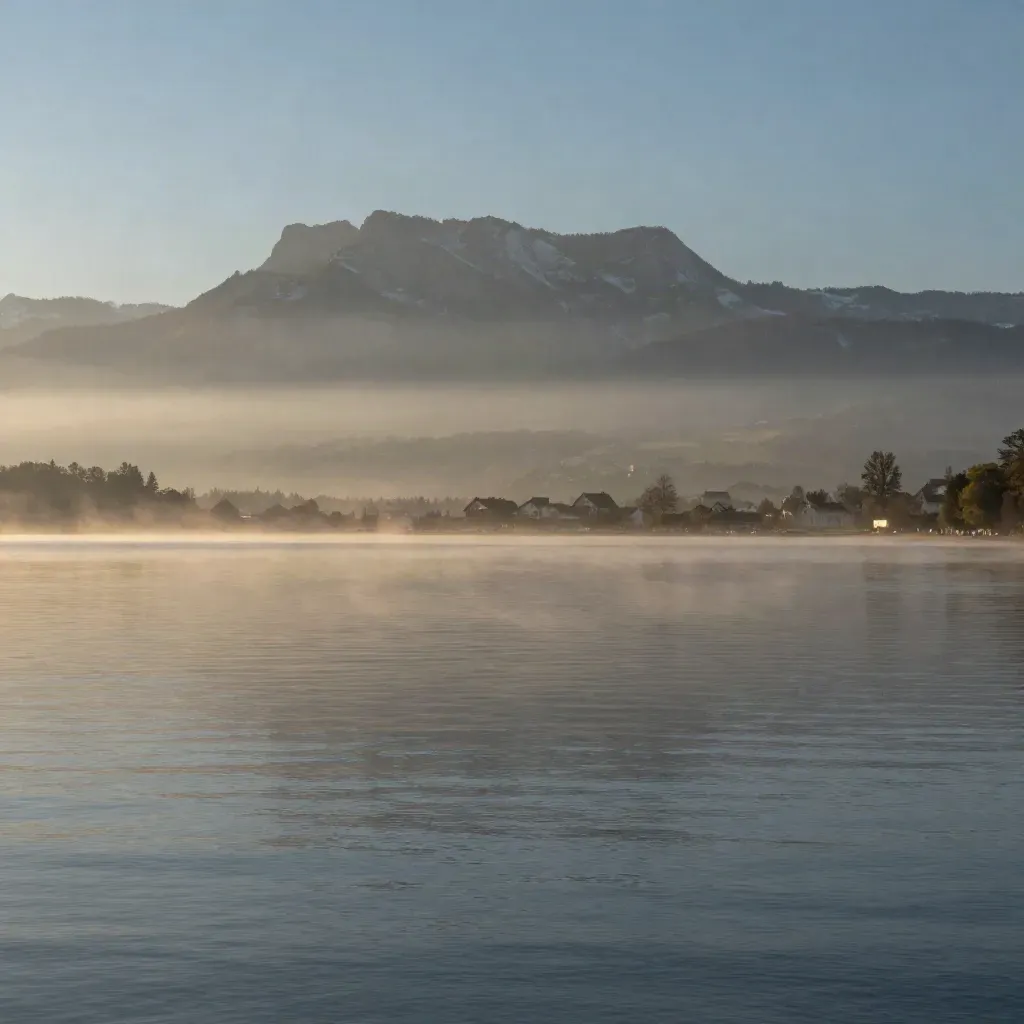 Nebliger Zürichsee im Morgengrauen mit Uetliberg hoch im Bild und ruhigem Wasser im Vordergrund
