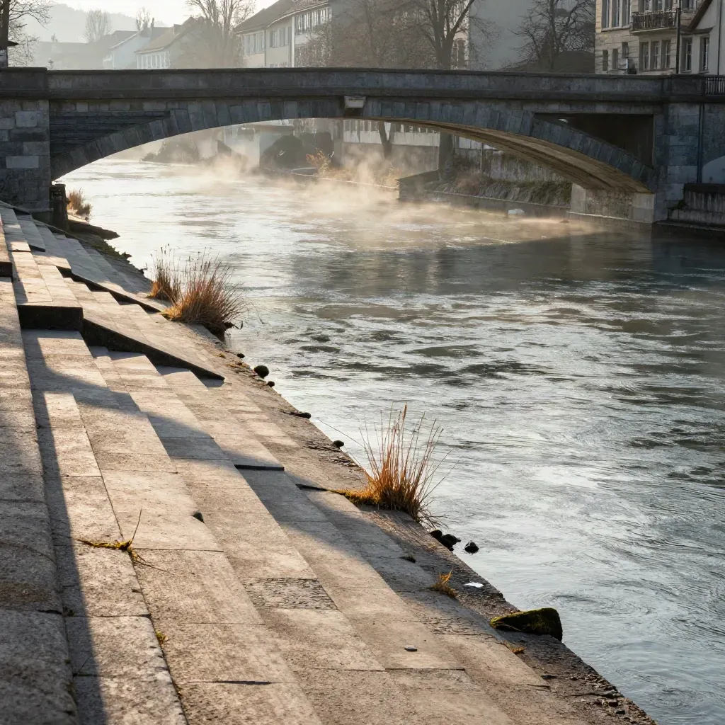 Limmattal bei Baden mit Kalkufern, alter Brücke und warmem Flusshaze