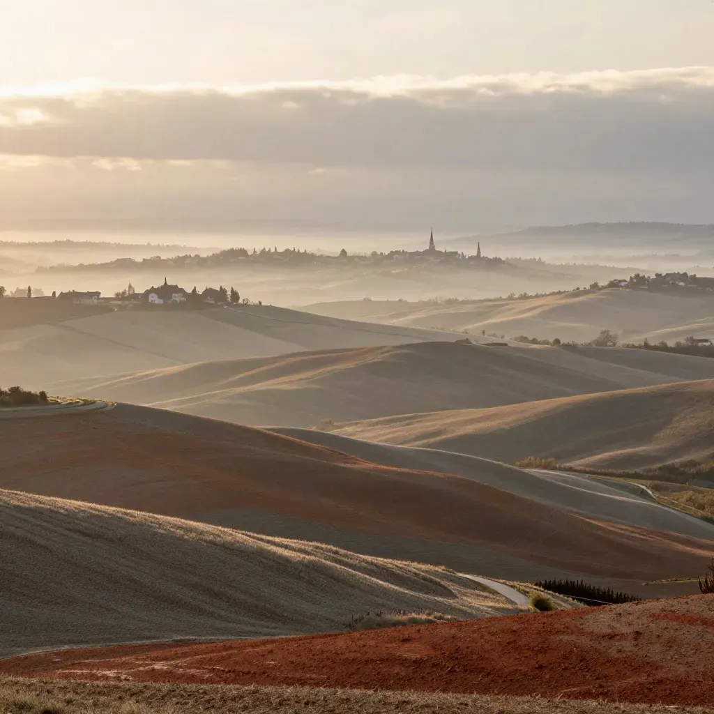 Weite Schweizer Hochebene mit Feldern, Nebel und entfernten Dorf-Silhouetten im Morgenlicht