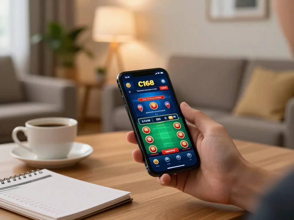 C168 app in use on smartphone during a home gaming session, showcasing live dealer excitement and strategic betting.