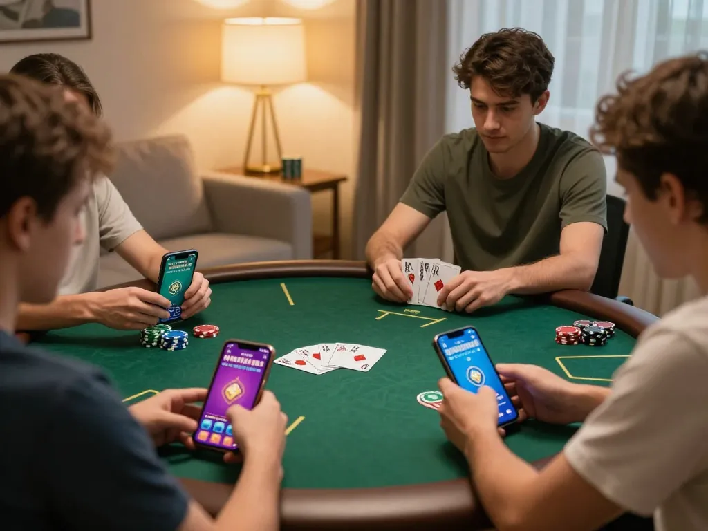 Players enjoying strategic online poker at home on mobile devices with tr88 gaming interface displayed
