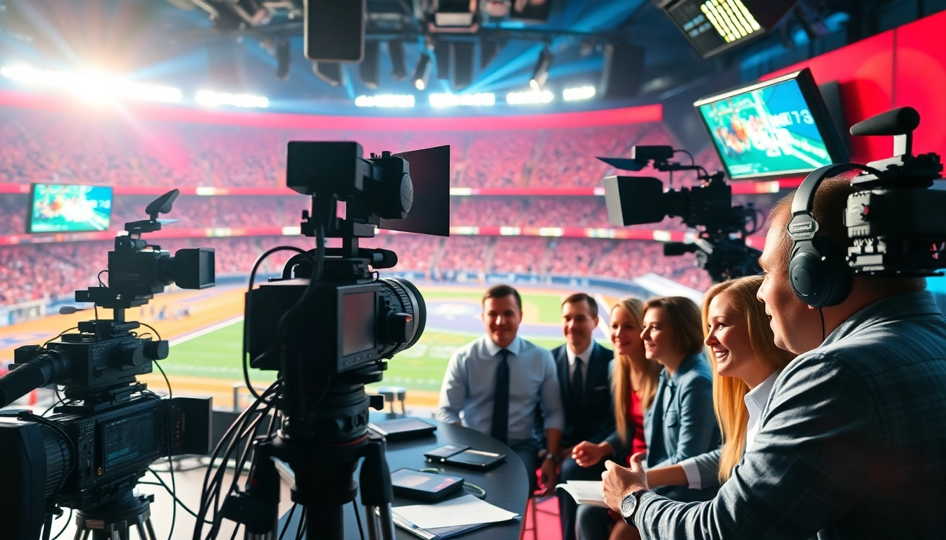 Engaging scene of sports broadcasting team discussing live events in a vibrant studio.