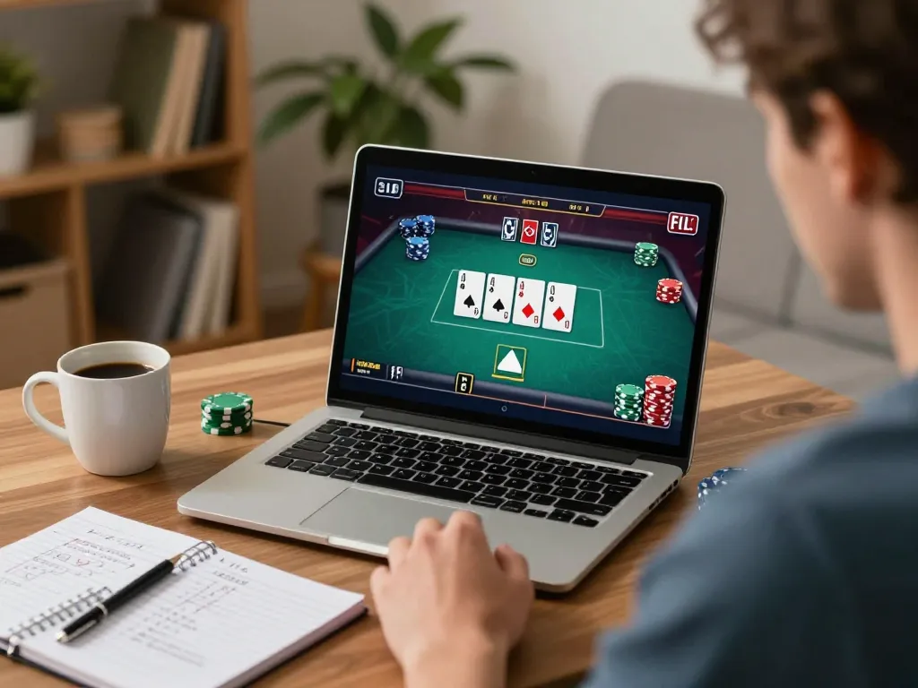 Player engaging with 98WIN online poker game on laptop, showcasing strategic gameplay.