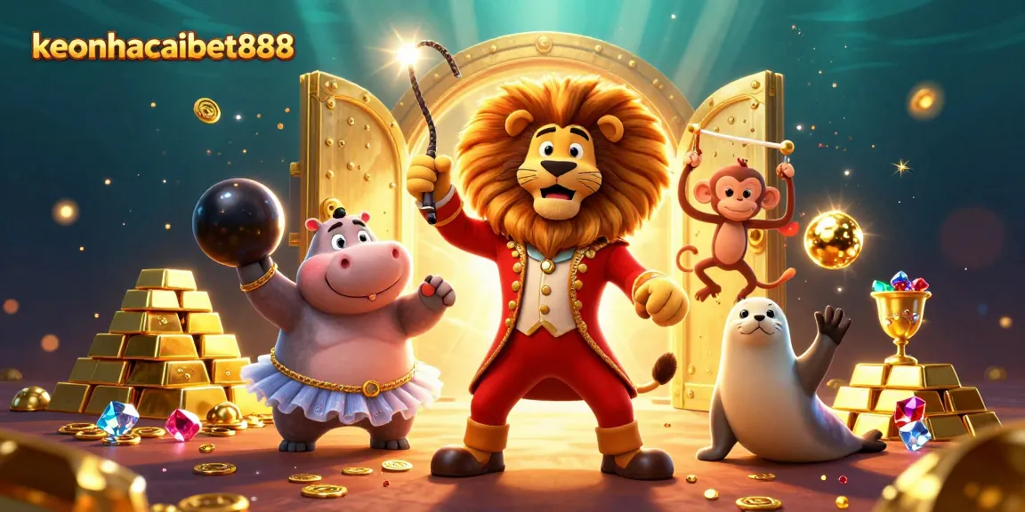 Engage in thrilling gaming at keonhacaibet888 with vibrant circus-themed 3D illustration showcasing fun characters.