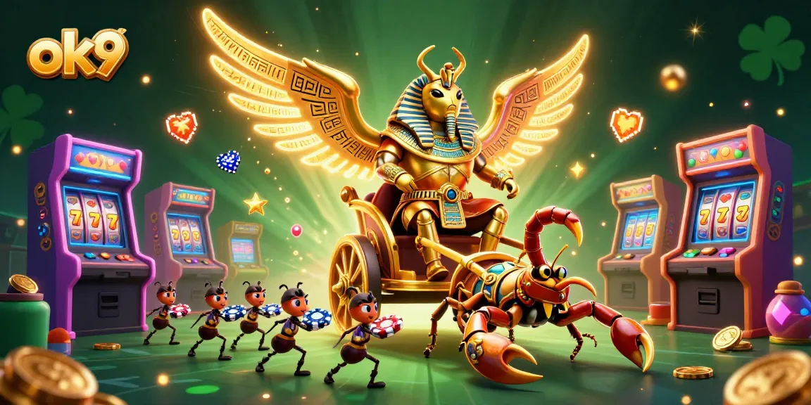 Engage in thrilling gameplay at ok9, featuring colossal beetle and scorpions amid vibrant casino elements.