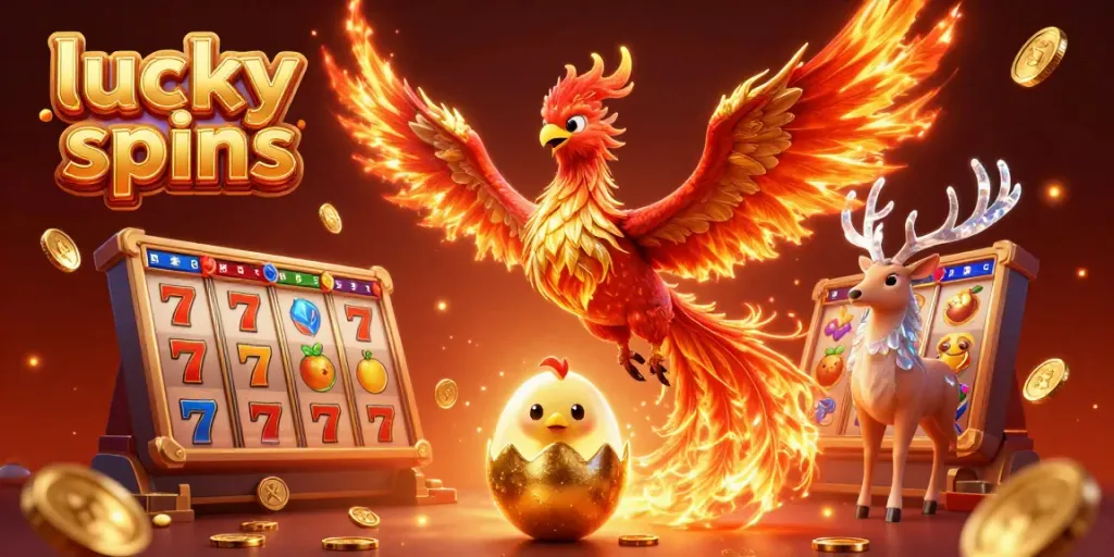 Engaging lucky spins scene with vibrant slot reels, phoenix, and stag, showcasing an energetic casino atmosphere.