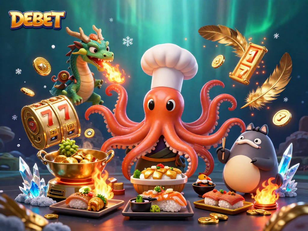 Engaging DEBET scene with a sushi chef octopus, dragon, and tanuki celebrating gaming wins.